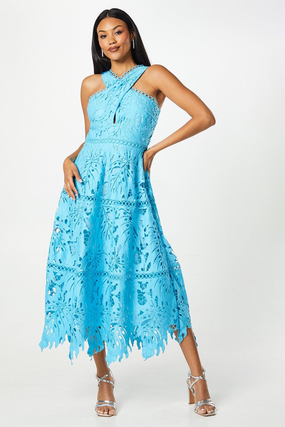 Dorothy Perkins Womens Lace Cross Front Halter Neck Midi Dress Rather Saucy