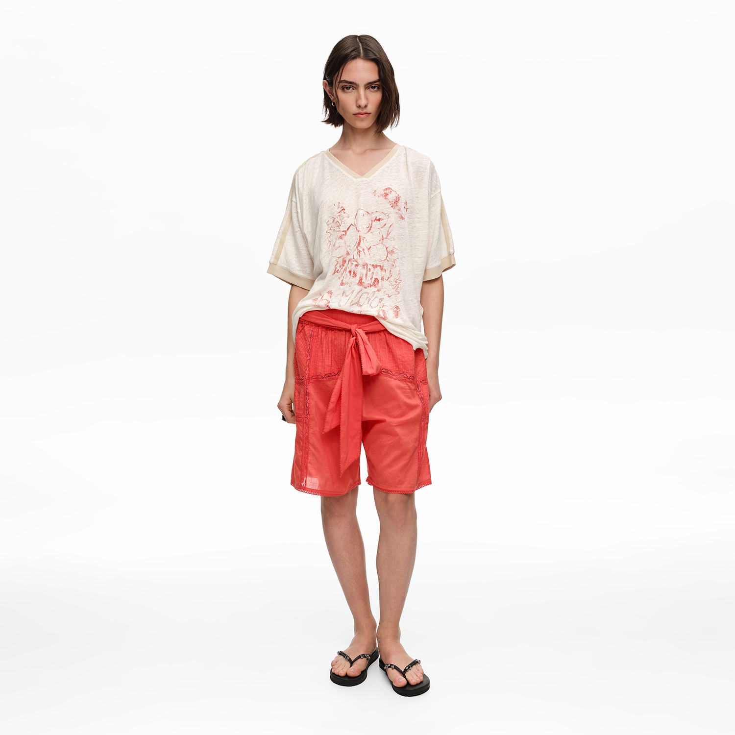 BIMBA Y LOLA Coral cotton pleated Bermuda shorts with lace trim