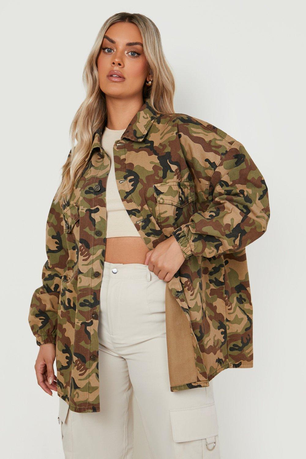 Boohoo Womens Plus Camo Denim Shacket Rather Saucy