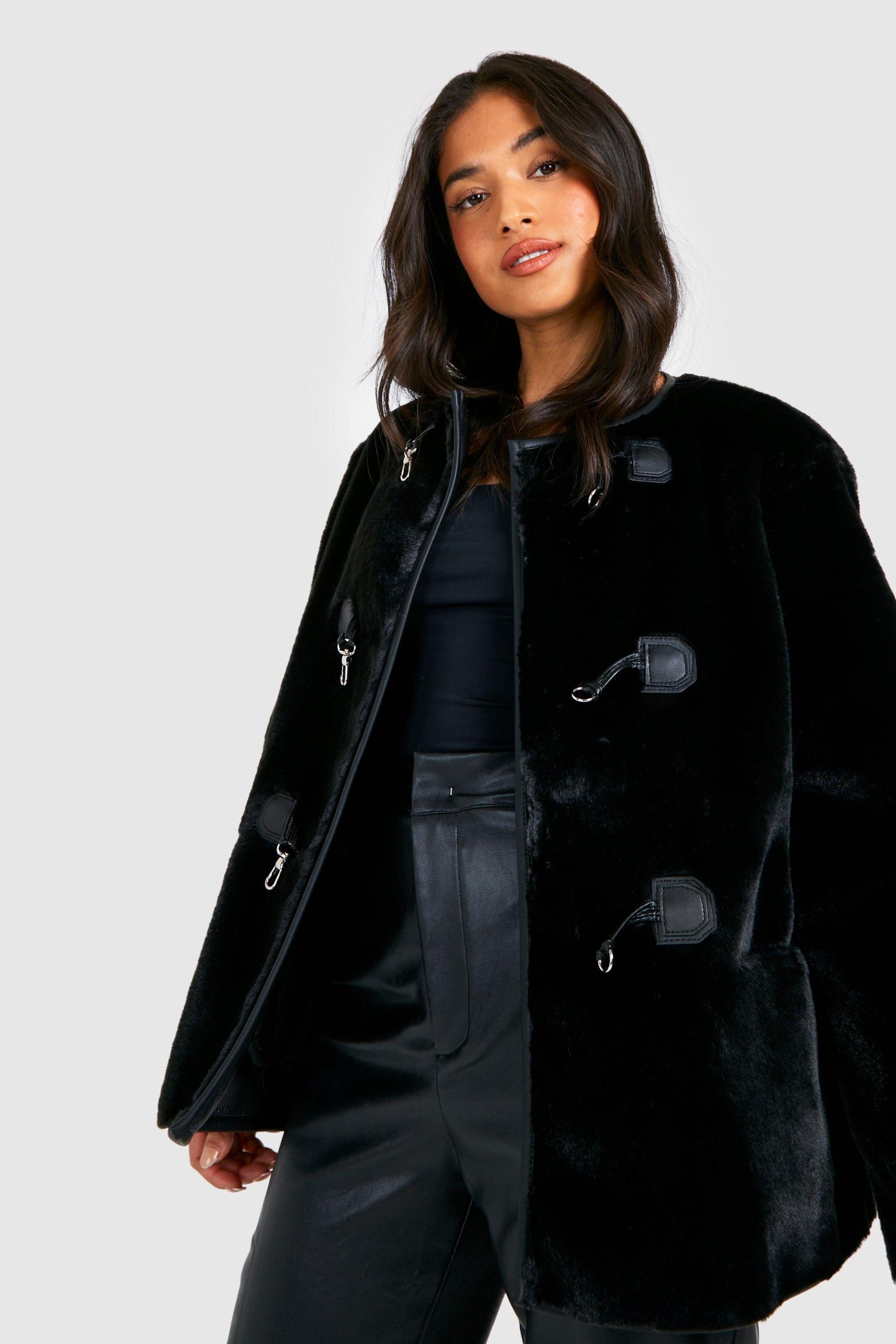 Boohoo Womens Petite Faux Fur Buckle Detail Coat Rather Saucy
