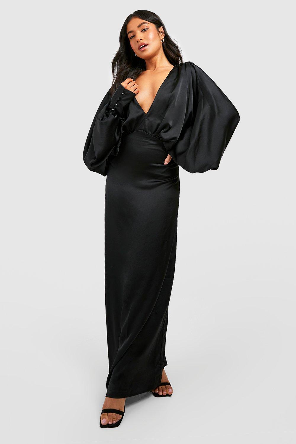 Boohoo Womens Petite Satin Plunge Blouson Sleeve Maxi Dress - Main Image