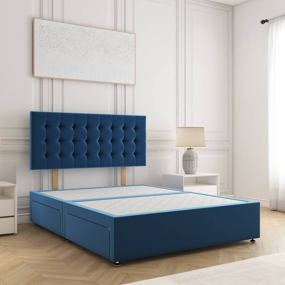 BSSPOKE Maria Divan Bed Plush 24" Headboard & 2Drawers Same Side No Mattress in Blue | Size: Small Double