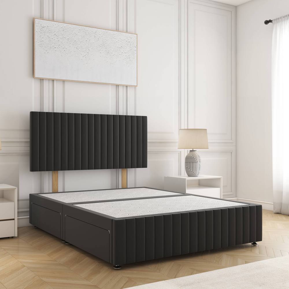BSSPOKE Emma Divan Bed Plush 24" Headboard 2Drawers Same Side & No Mattress in Black | Size: Single