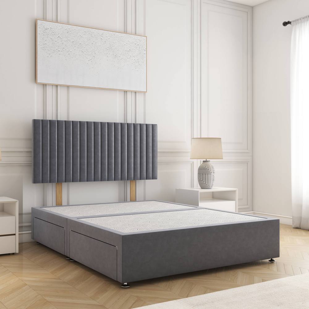 BSSPOKE Brooke Plush Velvet Divan Bed 24" Headboard & 4 Drawers No Mattress in Charcoal | Size: Super King