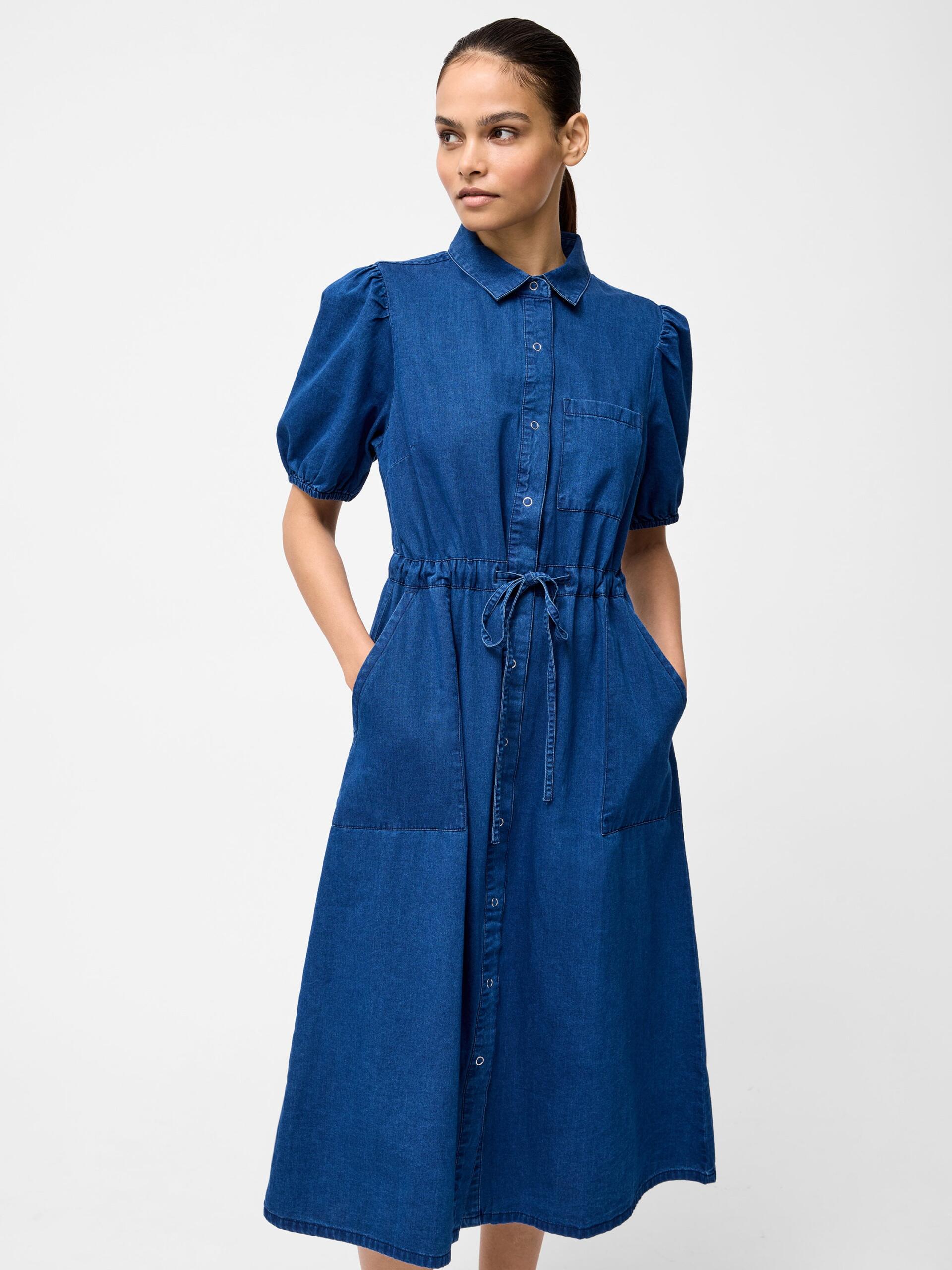 Photograph of French Connection Chambray Popper Through Tie Shirt Dress Mid Wash Chambray