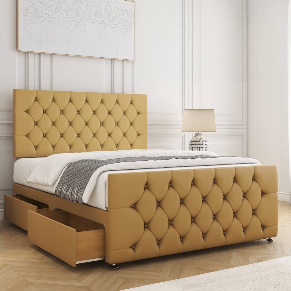 BSSPOKE Maya Plush Velvet Divan Bed 24"Headboard 2Drawers Same Side & Mattress in Mustard | Size: Single