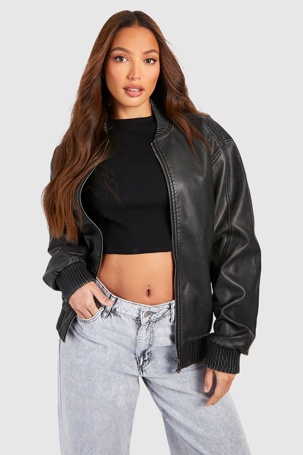 Boohoo Womens Tall Washed Faux Leather Bomber Jacket Rather Saucy