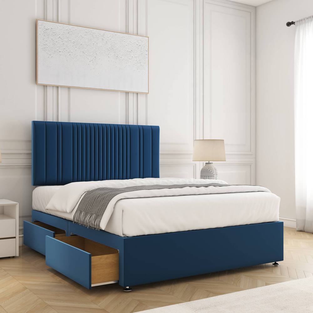 BSSPOKE Florence Velvet Divan Bed 24" Headboard 2Drawers Same side Mattress in Blue | Size: Double