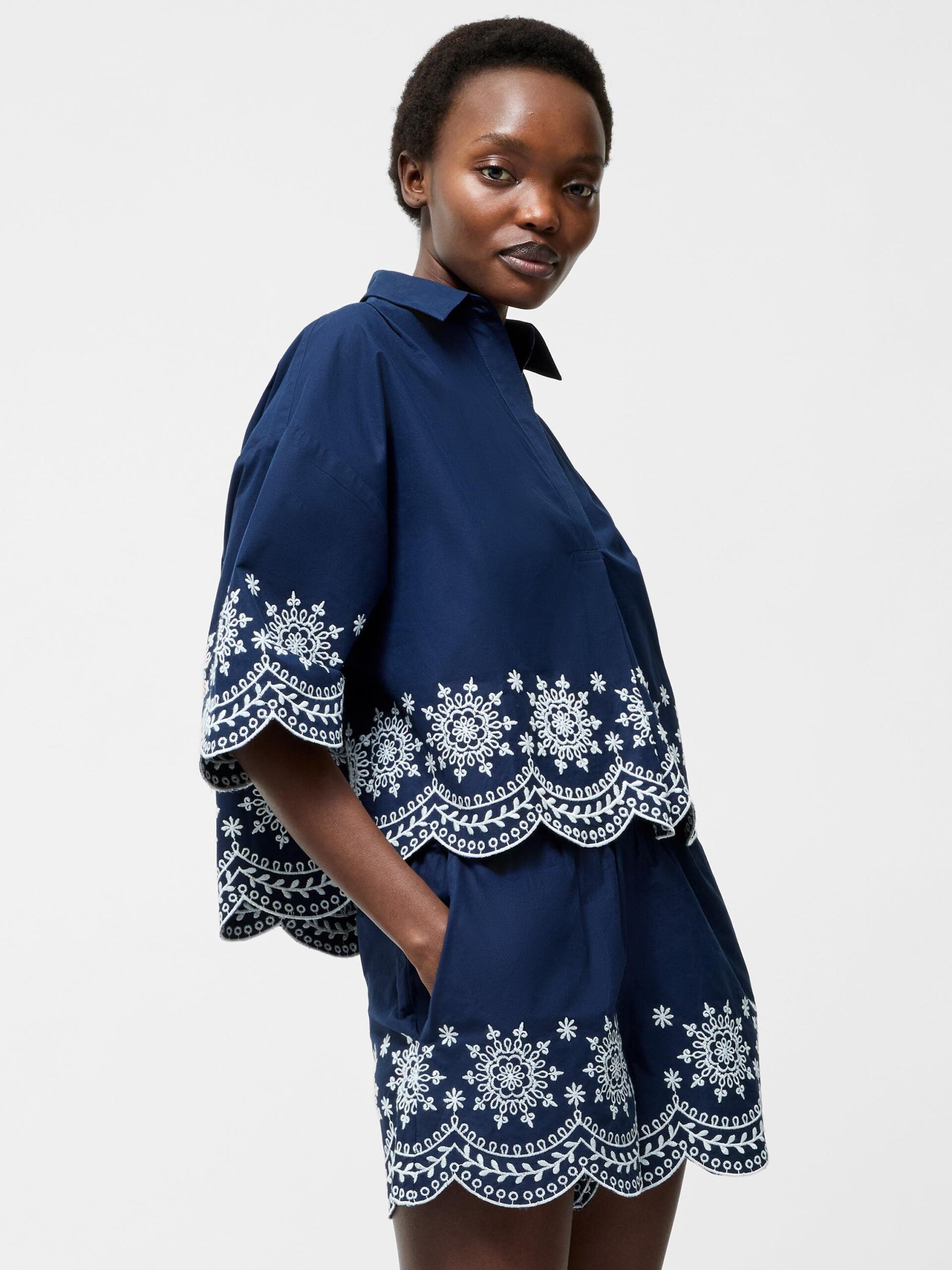 Photograph of French Connection Embroidered Hem Popover Short Sleeve Shirt Midnight/Linen White