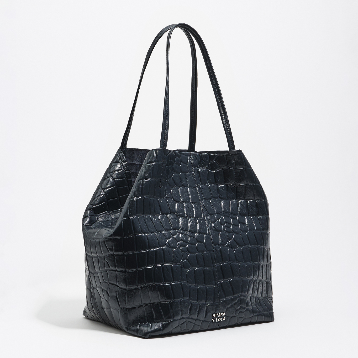 BIMBA Y LOLA Large leather shopper bag in petrol blue crocodile embossed