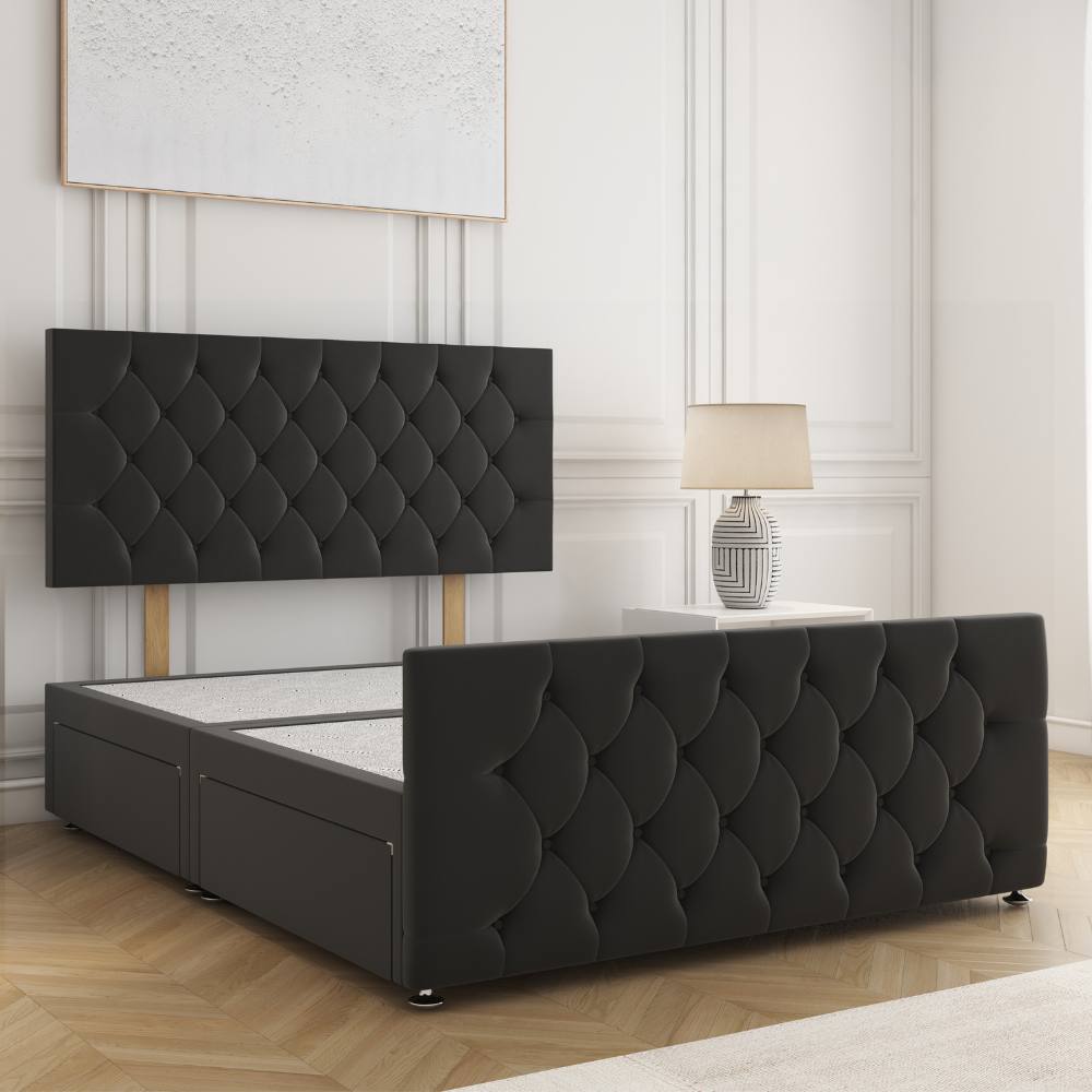 BSSPOKE Maya Velvet Divan Bed 24"Headboard & 2Drawers Same Side No Mattress in Black | Size: King