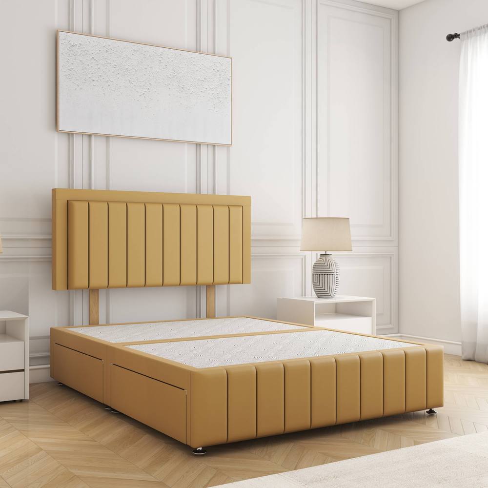 BSSPOKE Sophia Divan Bed Plush 24" Headboard 2Drawers Same Side No Mattress in Mustard | Size: Super King