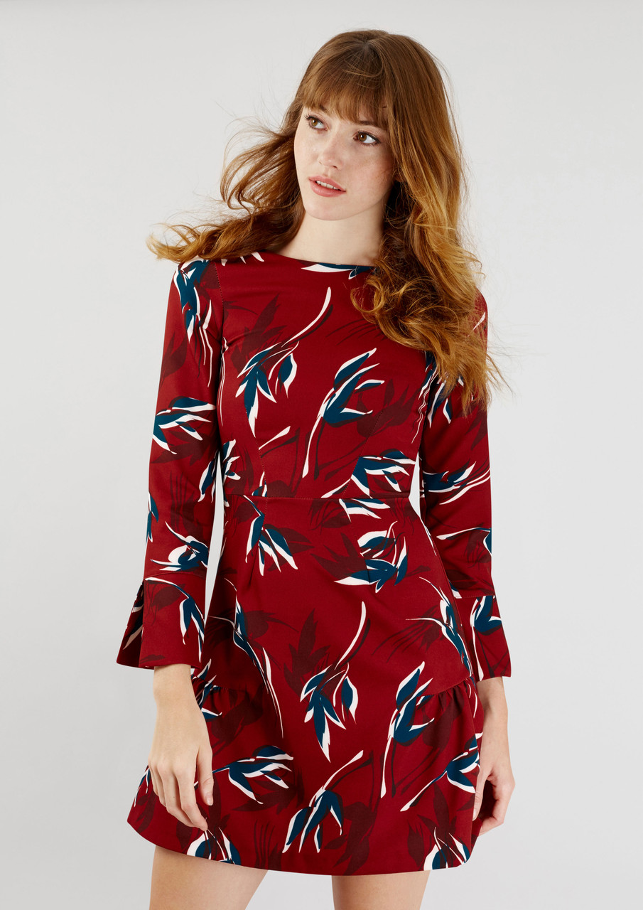 Photograph of Closet London Red Floral Gathered Long Sleeve Dress