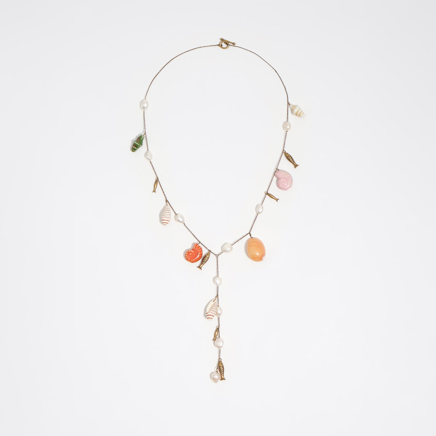 BIMBA Y LOLA Aged gold necklace with ceramic fish and shells