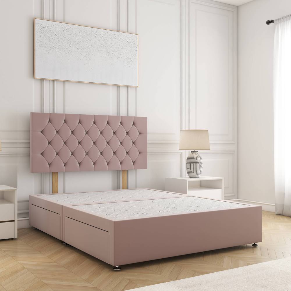 BSSPOKE Mia Velvet Plush Divan Bed 24"Headboard & 4 Drawers No Mattress in Pink | Size: Small Double