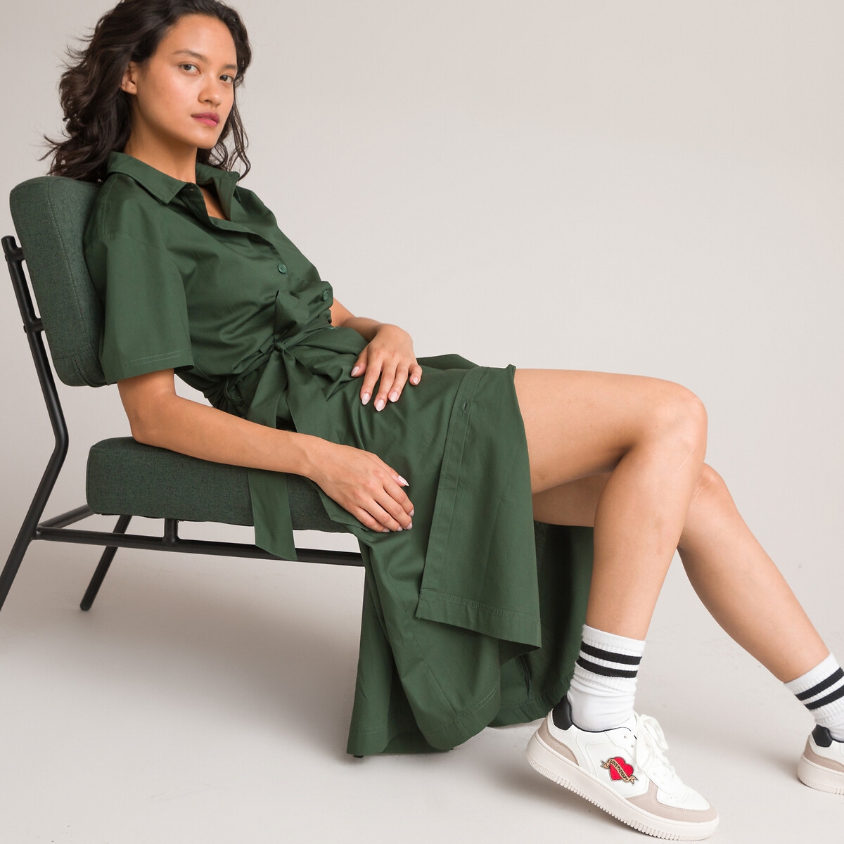 Photograph of La Redoute Collections Cotton Midaxi Shirt Dress with Tie-Waist