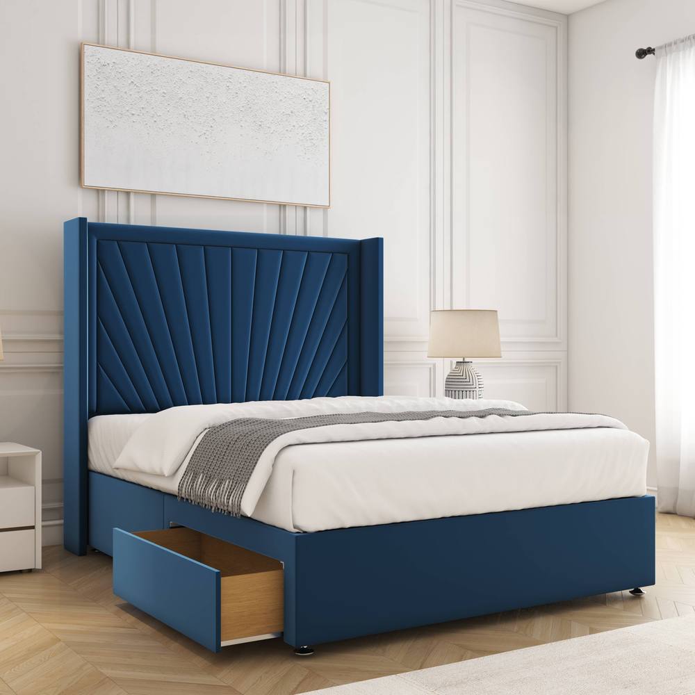 BSSPOKE Alina Divan Bed Plush Velvet 54"Headboard & 2Drawers Footend Mattress in Blue | Size: Super King
