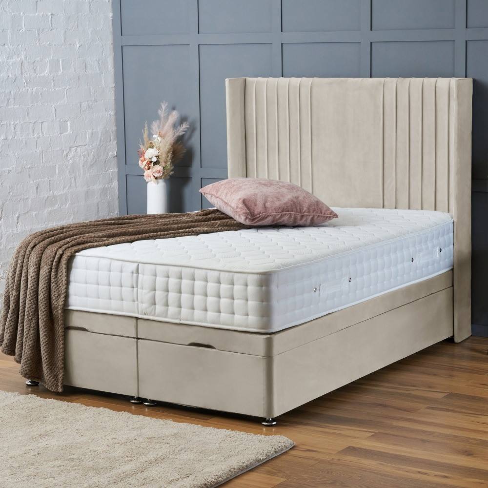 BSSPOKE Charlotte Ottoman Divan Bed Plush Velvet 54" Headboard & No Mattress in Cream | Size: Super King