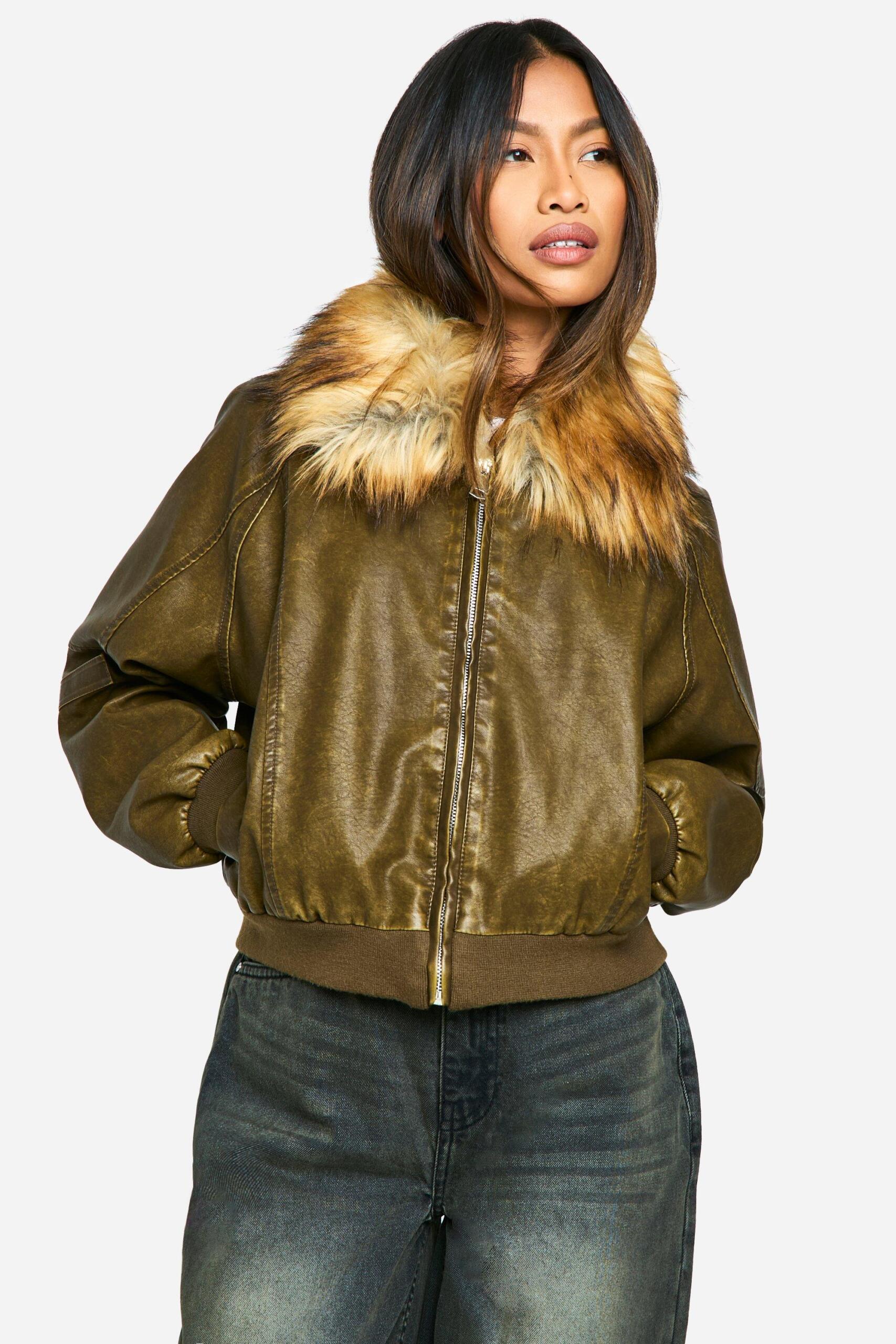 Boohoo Womens Faux Fur Collar Vintage Look Faux Leather Bomber Jacket Rather Saucy