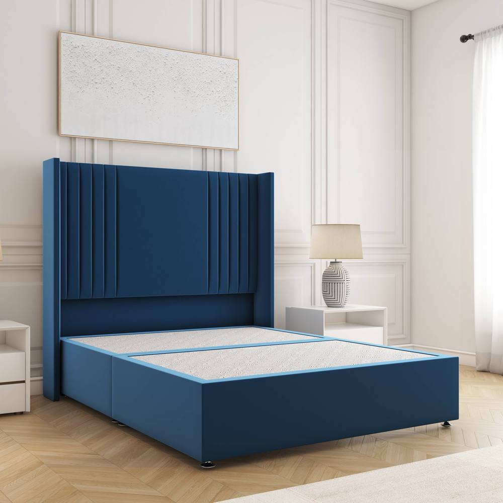 BSSPOKE Cheshire Divan Bed Plush Velvet 54" Headboard No Mattress No Drawers in Blue | Size: Single