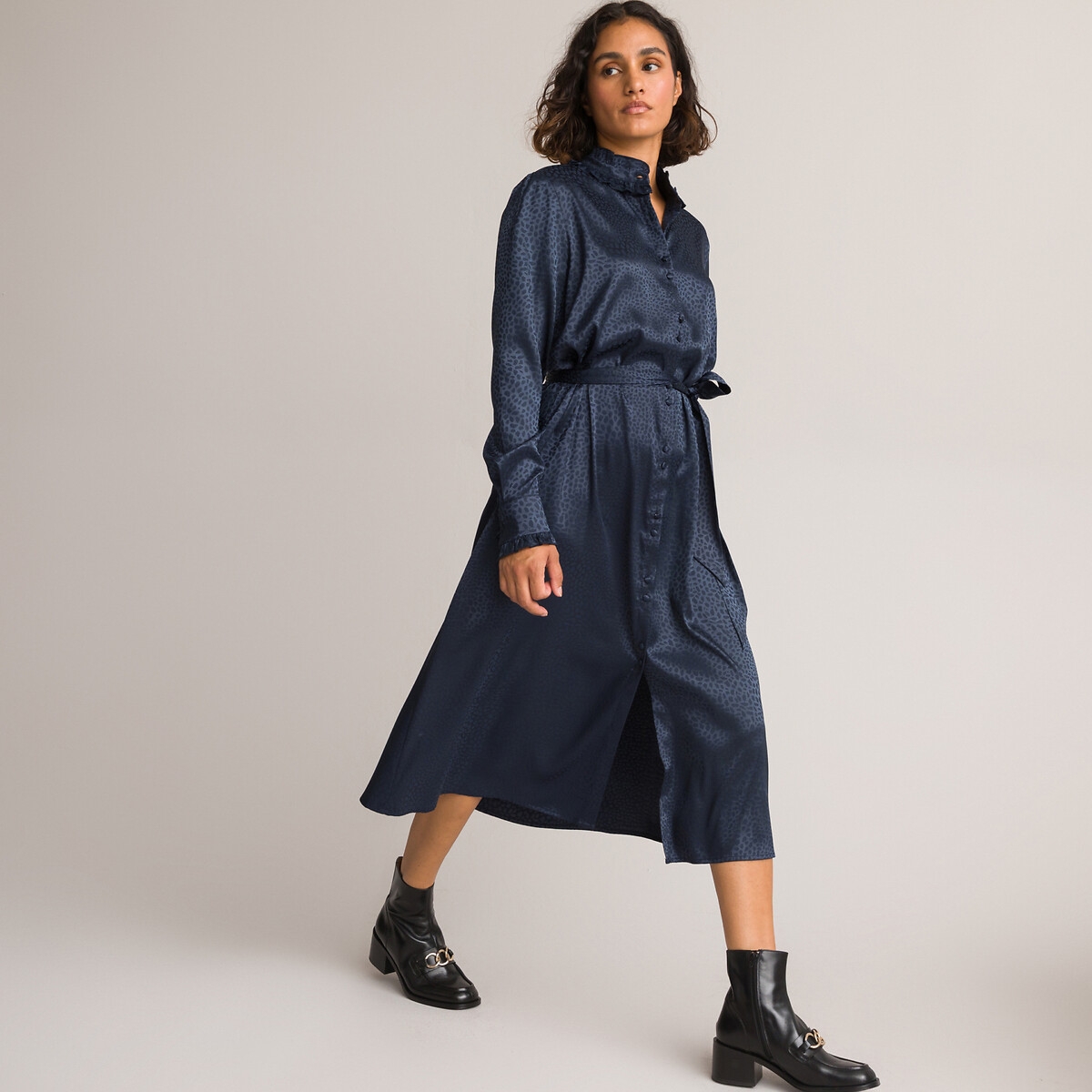 Photograph of La Redoute Collections Recycled Satin Jacquard Dress with Ruffle Details and Long Sleeves