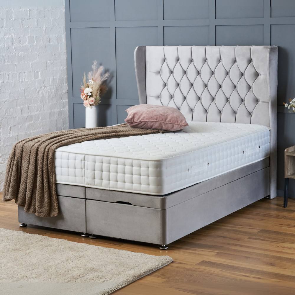 BSSPOKE Amelia Ottoman Divan Bed Plush Velvet 54" Headboard & No Mattress in Silver | Size: Small Double