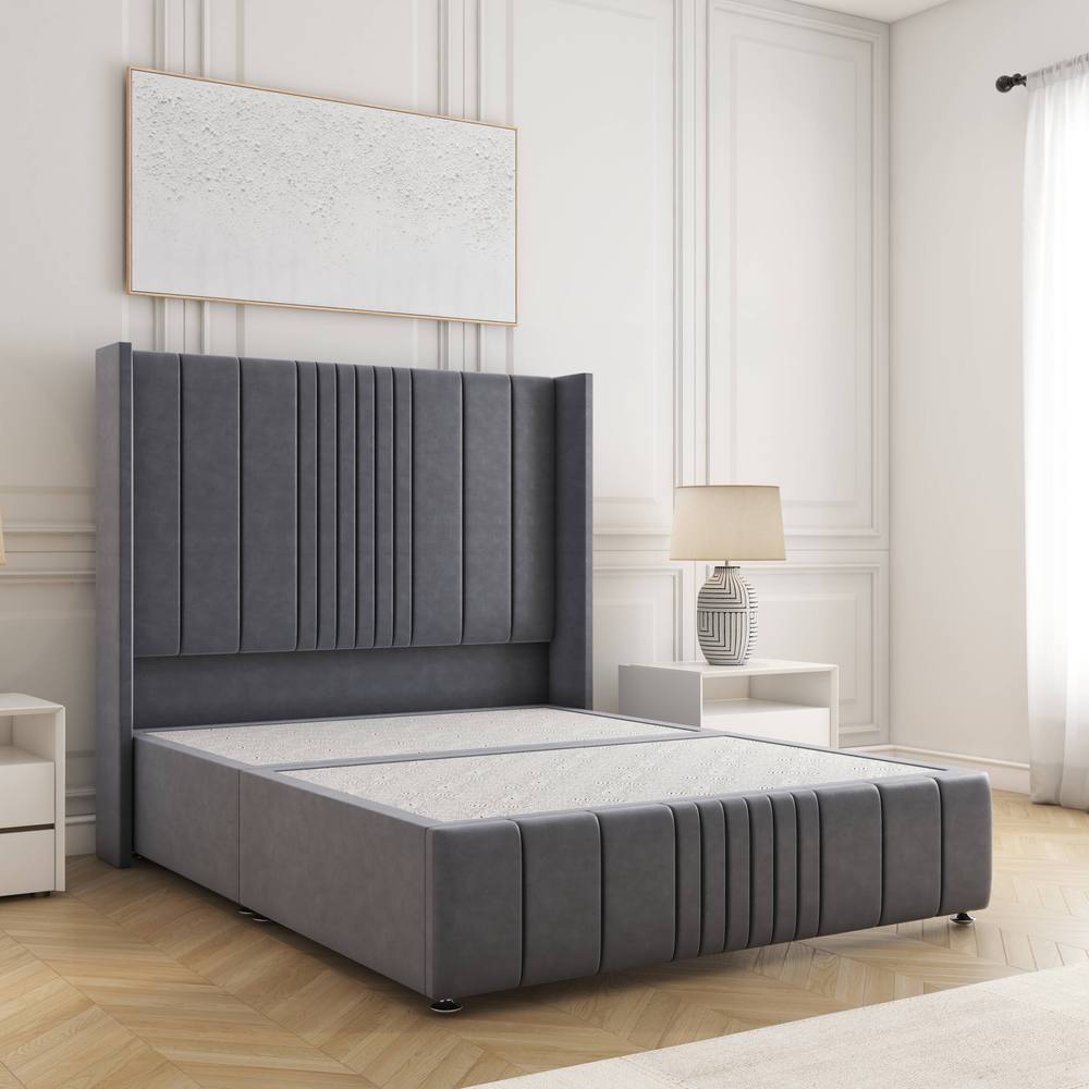 BSSPOKE Elise Divan Bed Plush Velvet 54"Headboard & No Mattress No Drawers in Charcoal | Size: Super King
