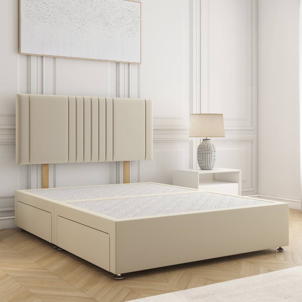 BSSPOKE Monaco Divan Bed Plush 24"Headboard 2Drawers Same Side & No Mattress in Cream | Size: King