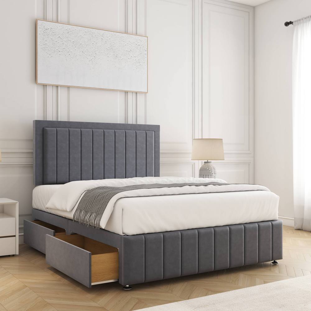 BSSPOKE Sophia Divan Bed Plush Velvet 24"Headboard 2Drawers Same Side Mattress in Charcoal | Size: King