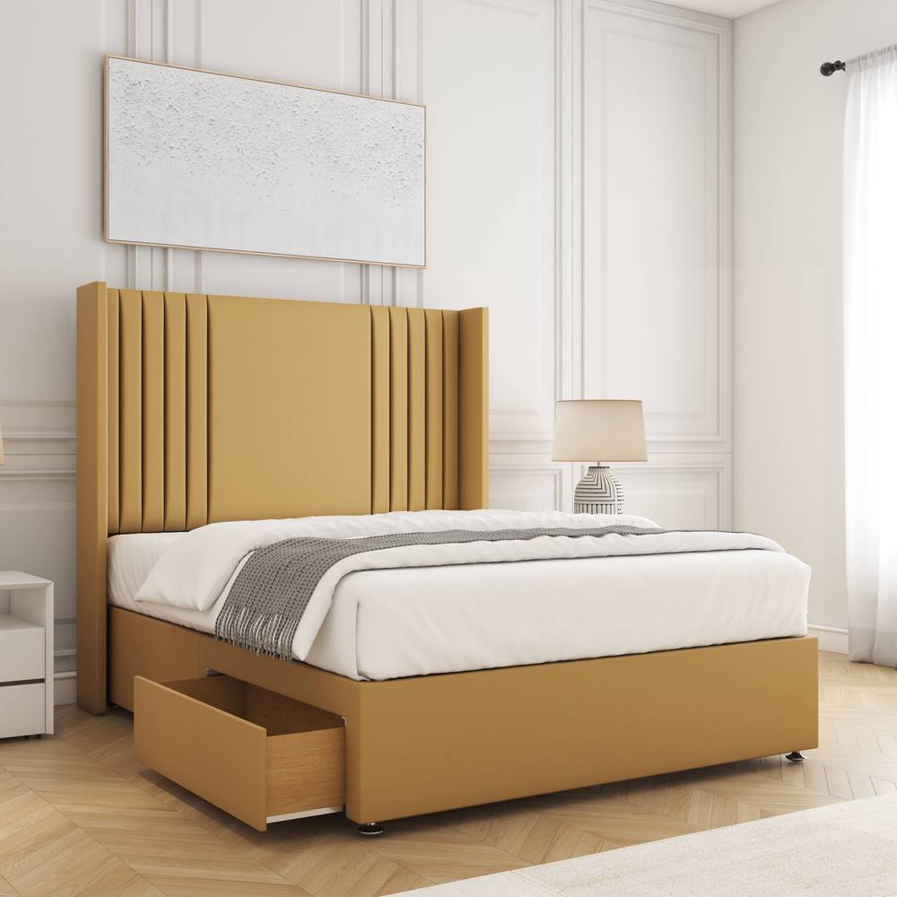 BSSPOKE Cheshire Divan Bed Plush 54" Headboard 2 Drawers Footend & Mattress in Mustard | Size: Small Double