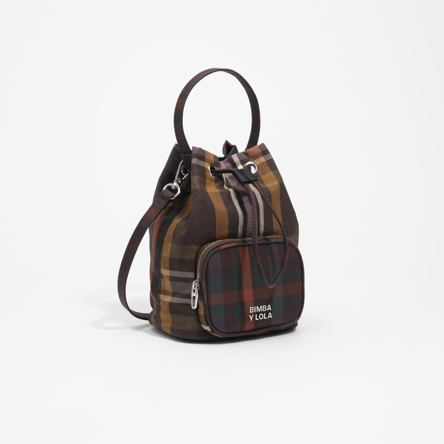 BIMBA Y LOLA Coated chocolate green tartan bucket bag