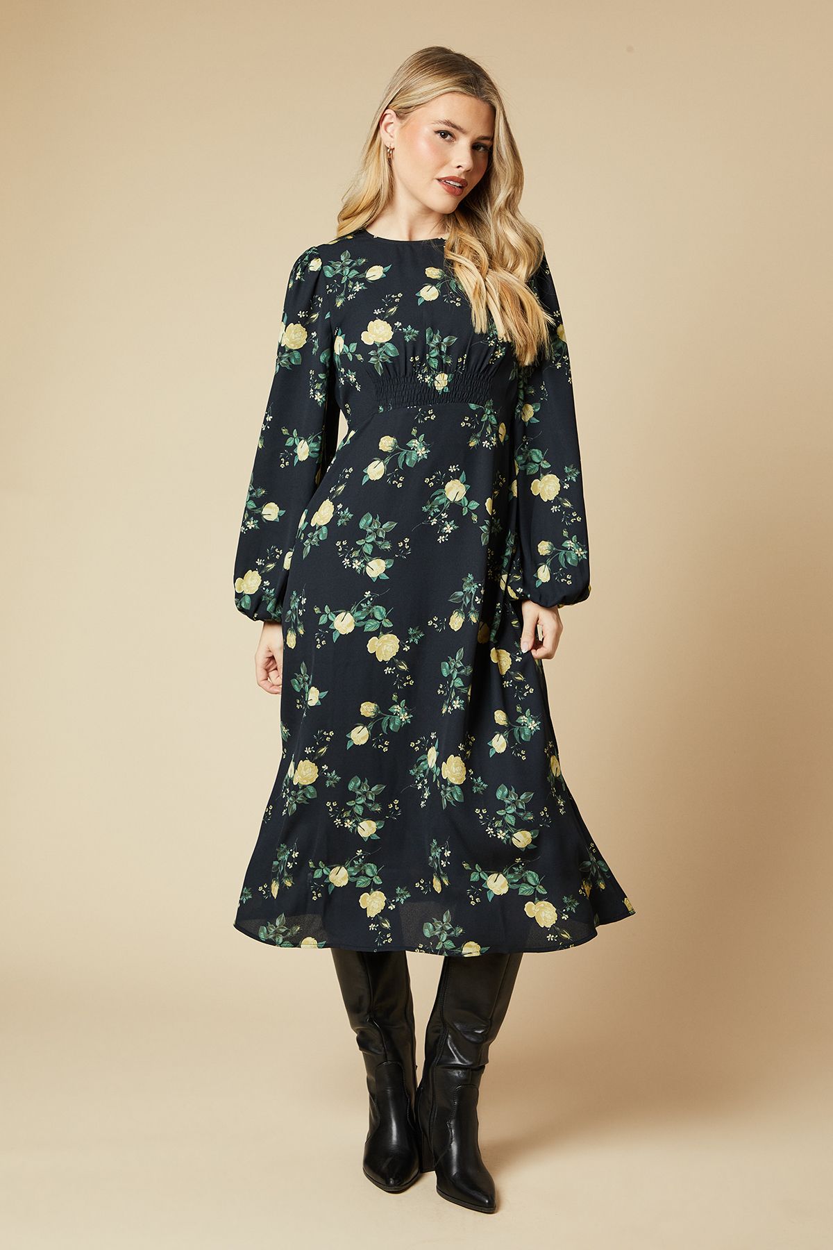 Dorothy Perkins Womens Yellow Floral Shirred Waist Long Sleeve Midi Dress Rather Saucy