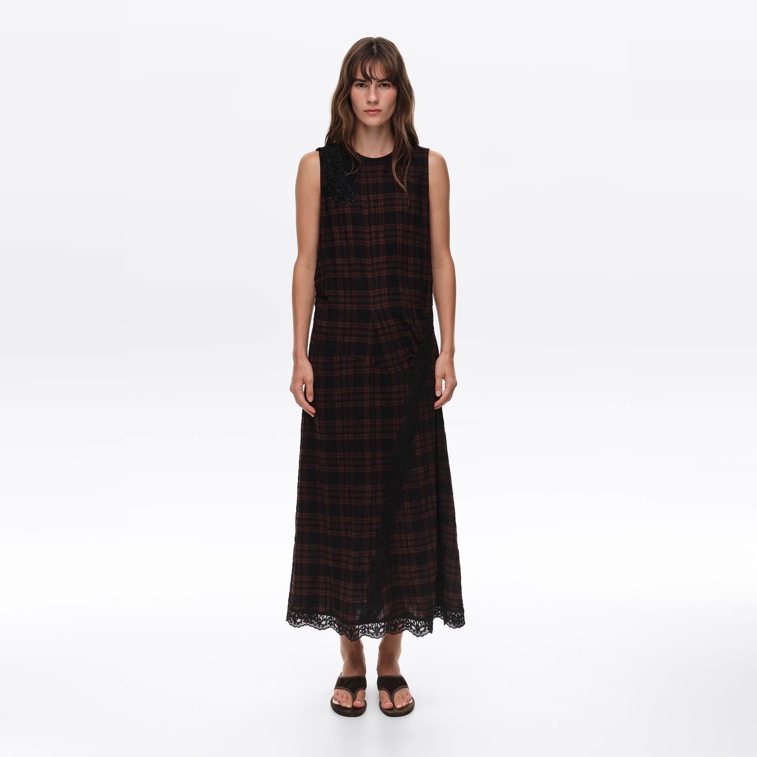 BIMBA Y LOLA Dark brown checked midi dress with lace details