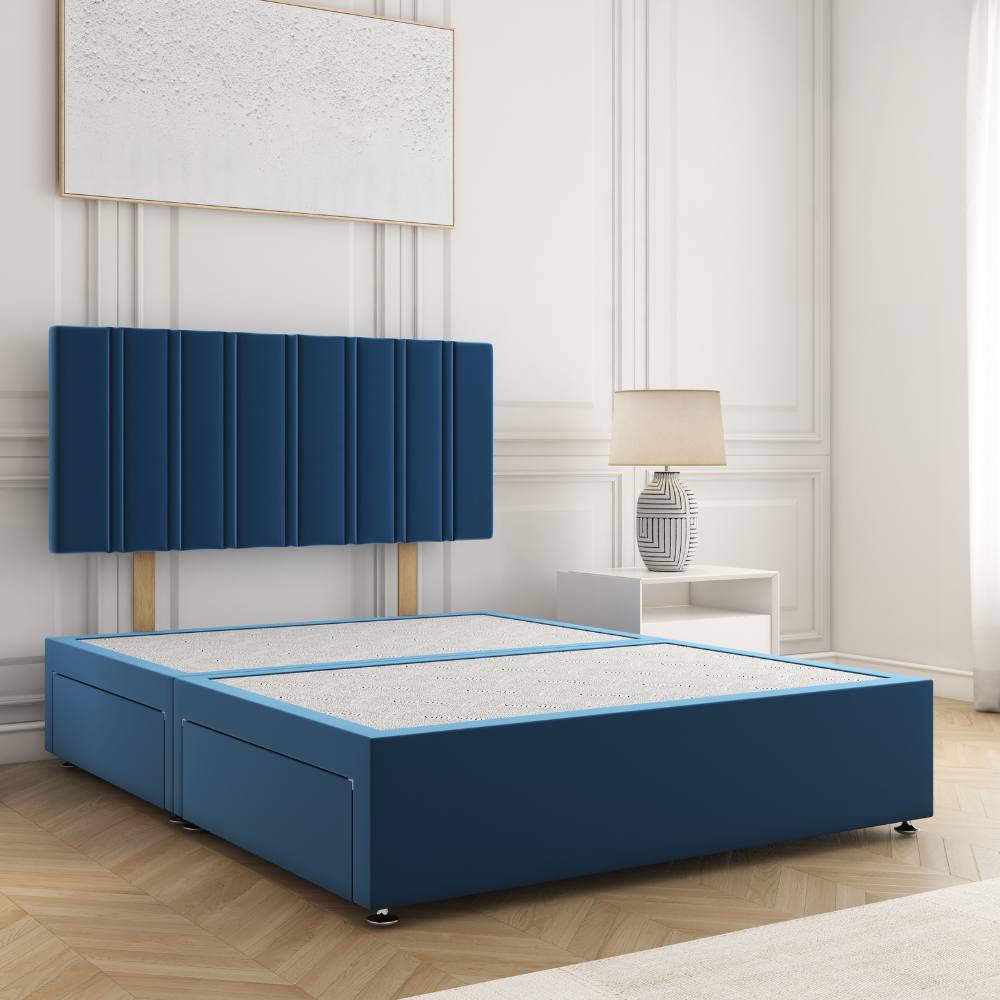 BSSPOKE Sienna Divan Bed Plush 24" Headboard & 2Drawers Same Side No Mattress in Blue | Size: Small Double