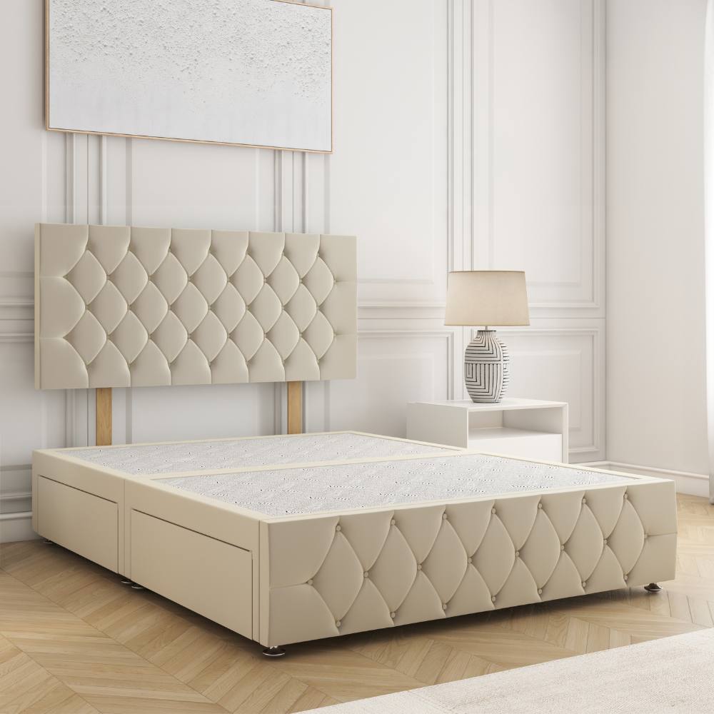 BSSPOKE Mulberry Divan Bed Velvet 24"Headboard 2Drawers Same Side No Mattress in Cream | Size: Single