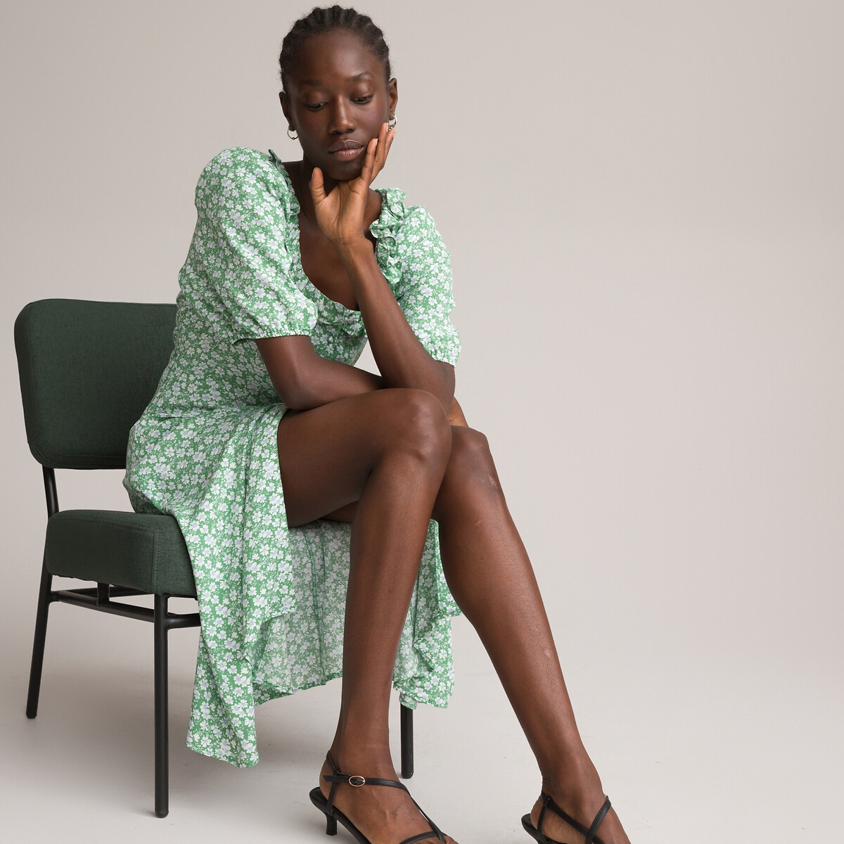 Photograph of La Redoute Collections Floral Puff Sleeve Dress with Ruffled Neck