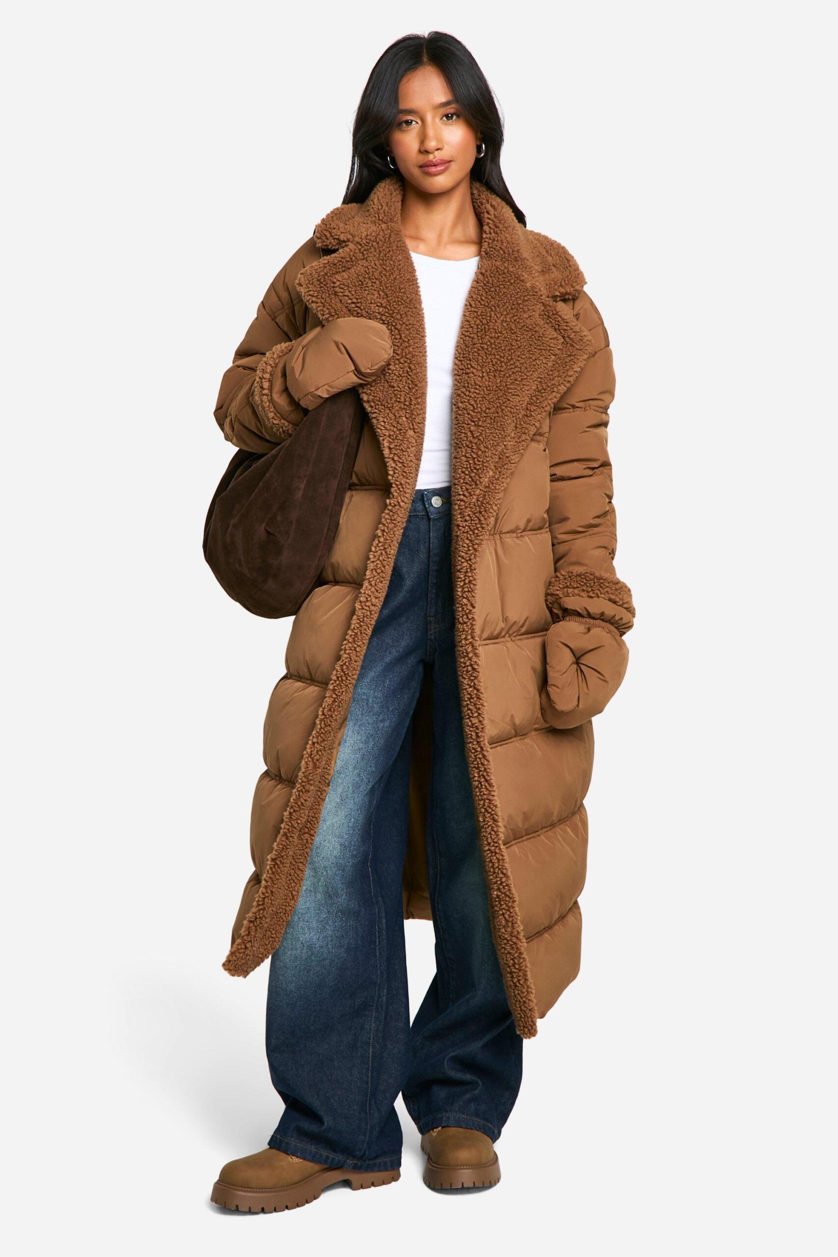 Boohoo Womens Petite Teddy Trim Puffer Coat With Teddy Mittens Rather Saucy