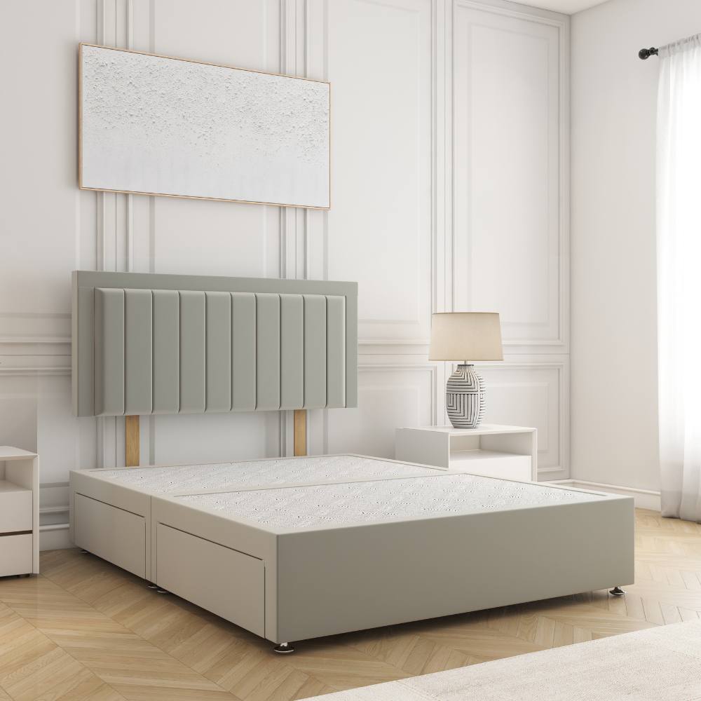 BSSPOKE Zarah Divan Bed Plush Velvet 24"Headboard 2Drawers Footend No Mattress in Silver | Size: King