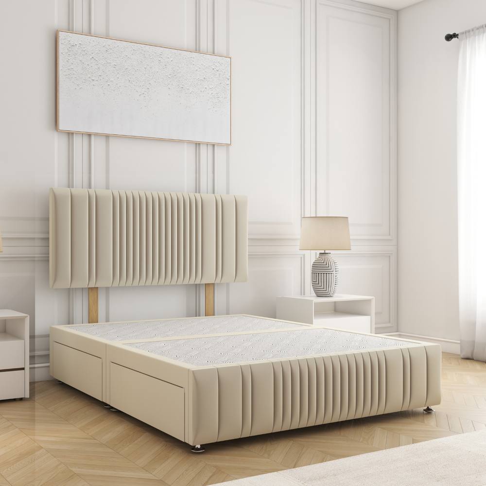 BSSPOKE Rosie Plush Velvet Divan Bed 24"Headboard 2Drawers Footend No Mattress in Cream | Size: Double