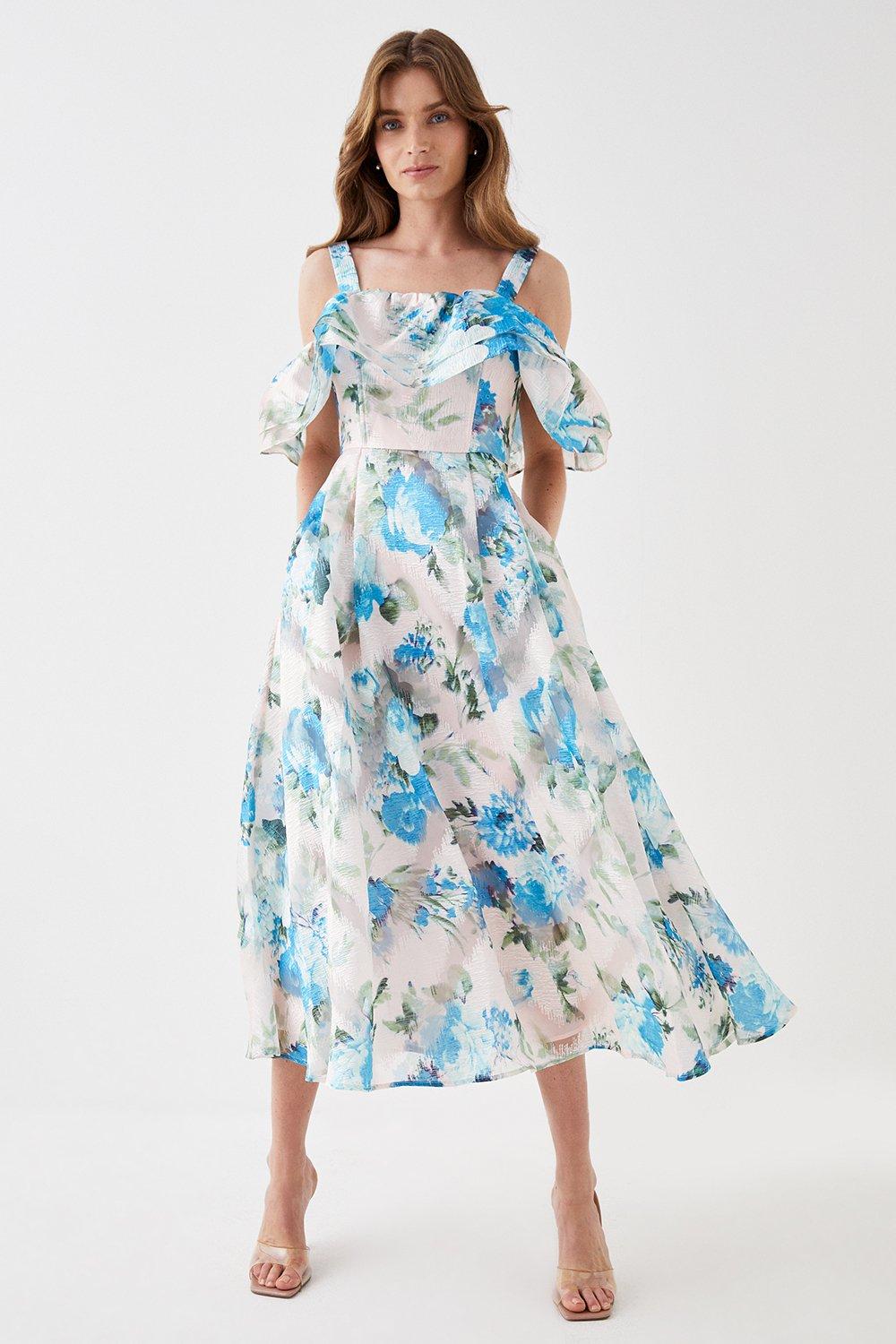 Photograph of Dorothy Perkins Womens Jacquard Frill Bardot Midi Dress