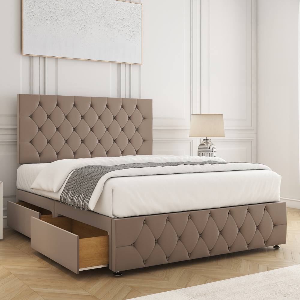 BSSPOKE Mulberry Divan Bed Plush 24" Headboard 2 Drawers Same Side & Mattress in Bronze | Size: Small Double