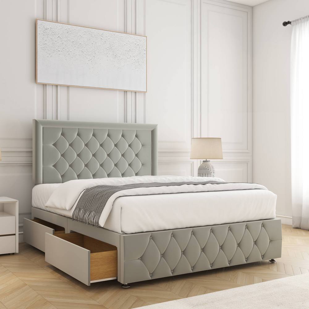 BSSPOKE Lena Divan Bed Plush Velvet 24"Headboard 2Drawers Same Side &Mattress in Silver | Size: King