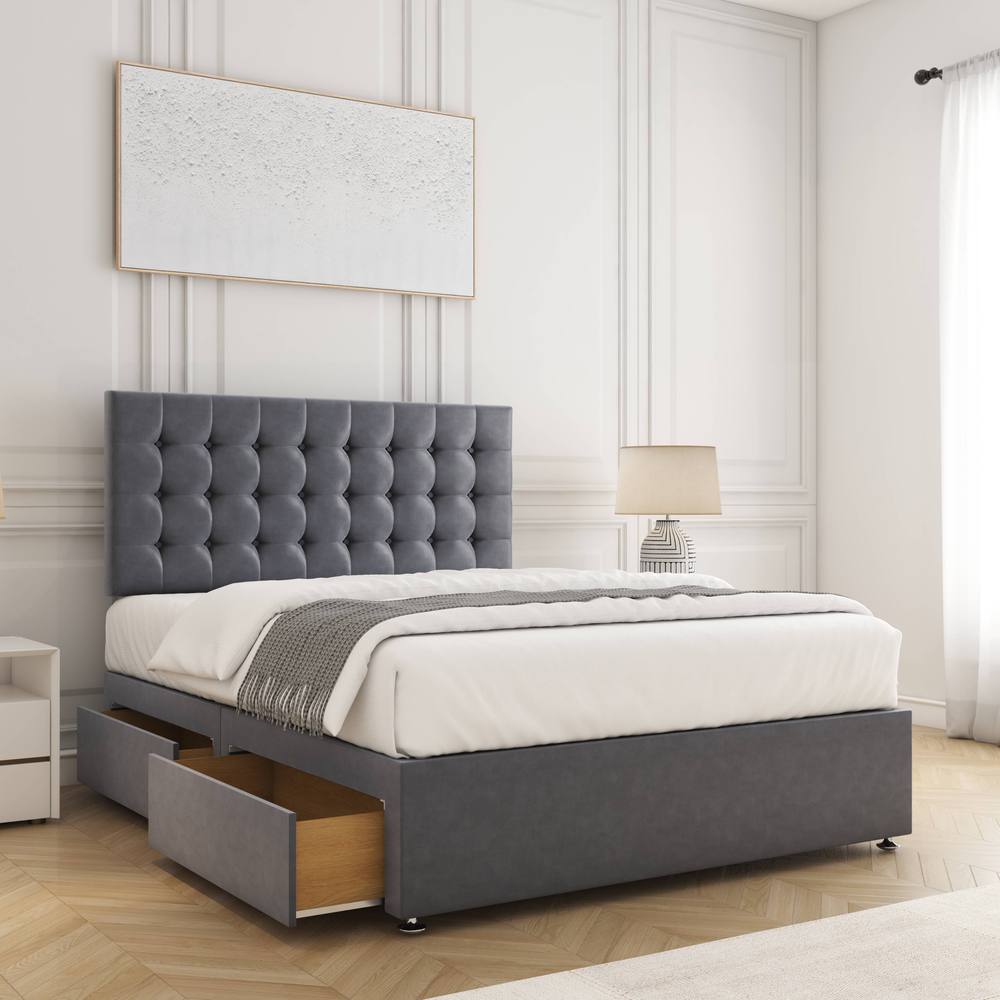 BSSPOKE Isla Plush Velvet Divan Bed 24"Headboard 2Drawers Same side & Mattress in Charcoal | Size: Single