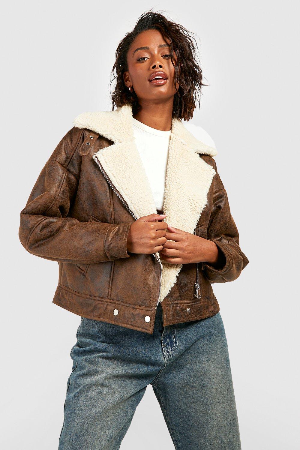 Womens faux leather aviator jacket hotsell