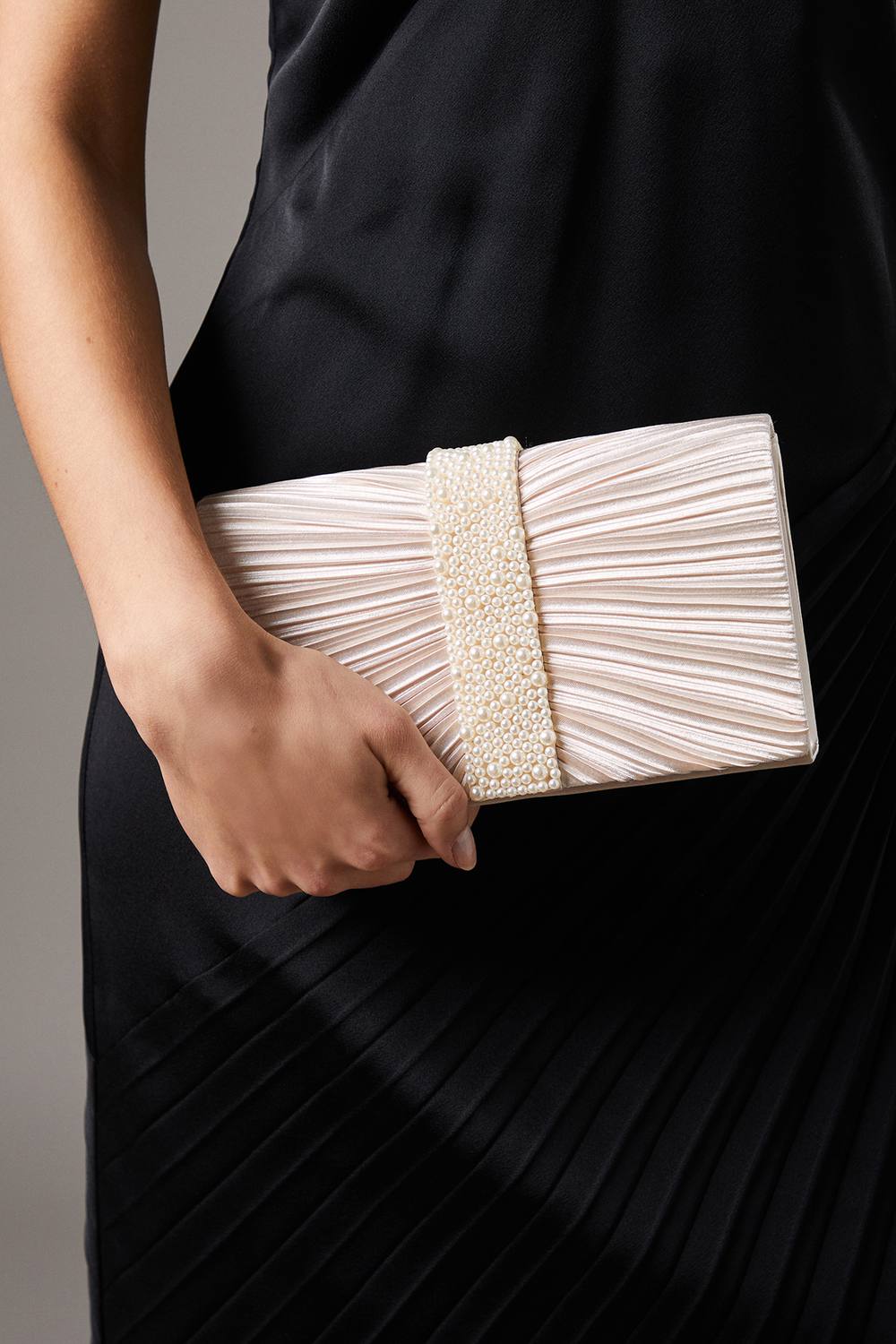 Photograph of Coast Dahlia Satin Pleated & Pearl Trim Clutch Bags
