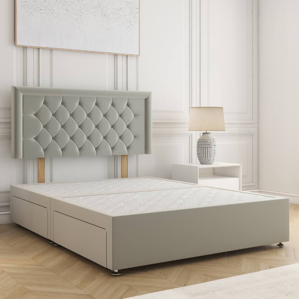 BSSPOKE Nova Plush Velvet Divan Bed 24" Headboard 4 Drawers & No Mattress in Silver | Size: King