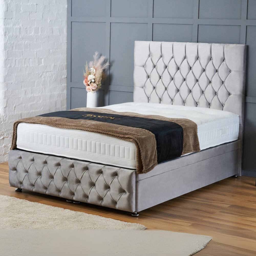 BSSPOKE Mulberry Ottoman Divan Bed Plush Velvet 54" Headboard & Mattress in Silver | Size: King