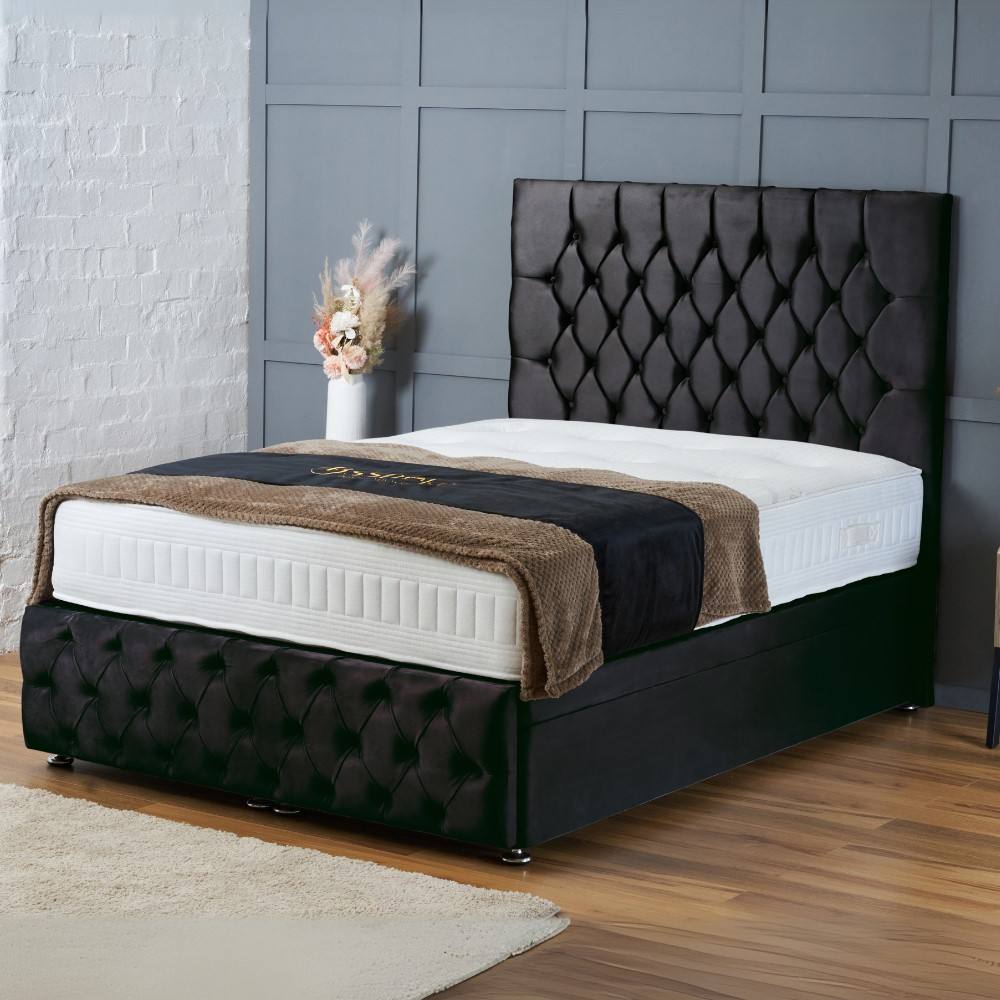 BSSPOKE Mulberry Ottoman Divan Bed Plush Velvet 54" Headboard & Mattress in Black | Size: Small Double