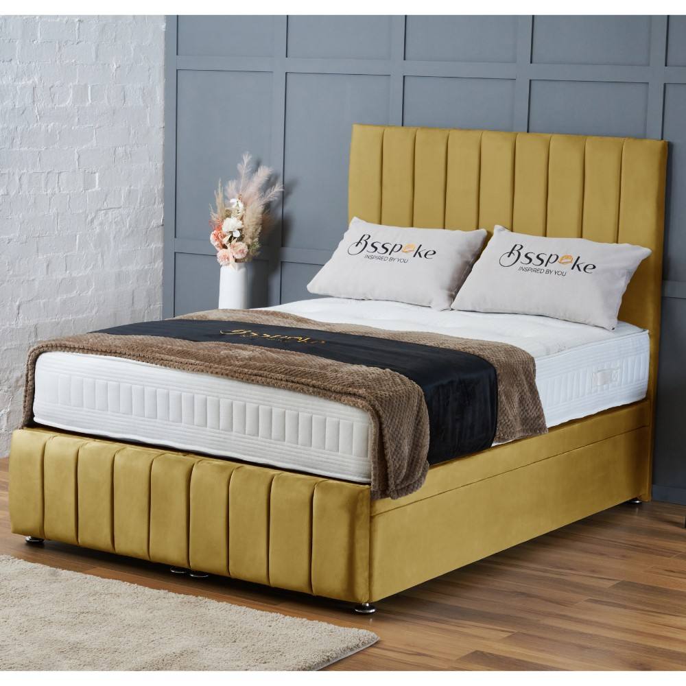 BSSPOKE Sierra Ottoman Divan Bed Plush Velvet 54" Headboard & Mattress in Mustard | Size: Small Double