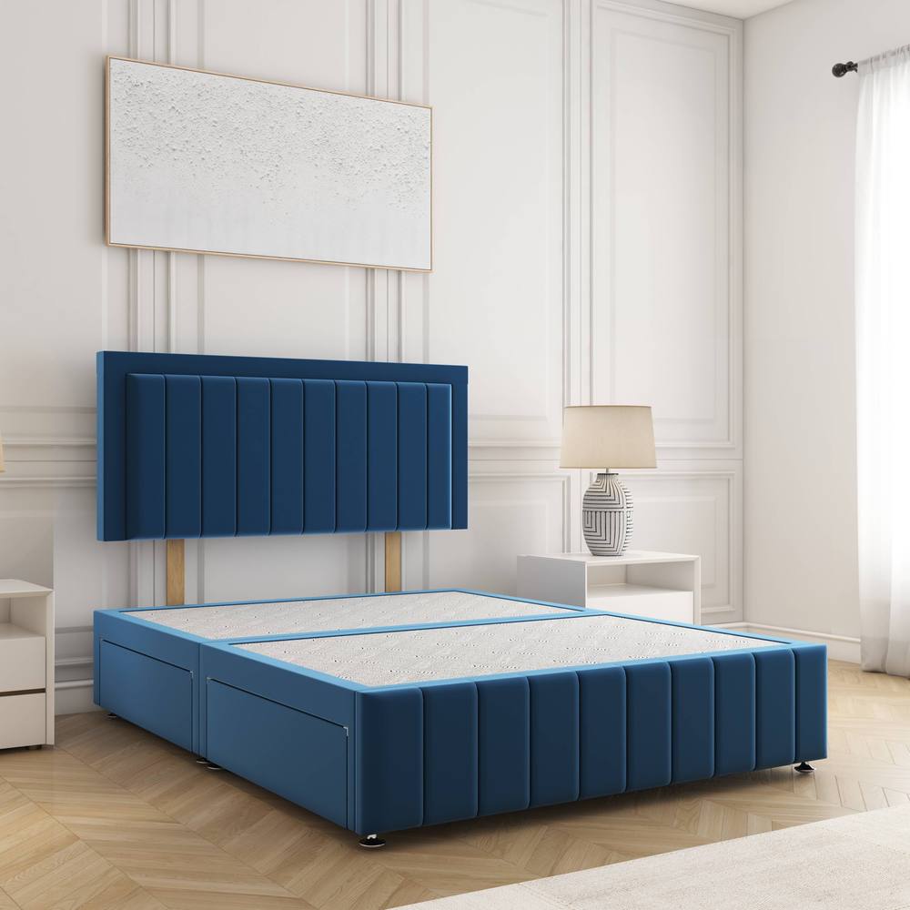 BSSPOKE Sophia Divan Bed Plush 24" Headboard 2Drawers Same Side No Mattress in Blue | Size: Single